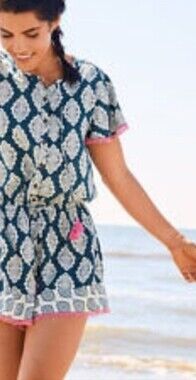 Matilda Jane Printed Short Sleeve Romper with Pink Trim-NWT